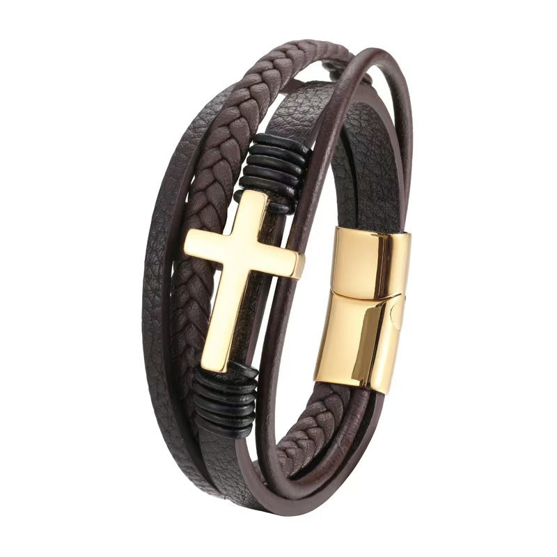 Wholesale Punk Cross Leather Men' s Multi-Layer Braided Bracelet