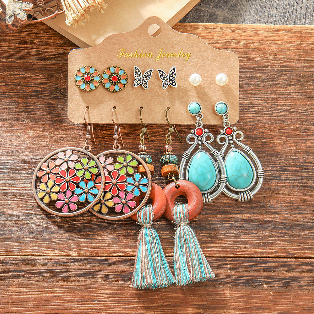 Wholesale Trendy Bohemian Retro Earring Set Silver Tone Turquoise Zinc Alloy With Ethnic Bird Motif Fashion Accessory For Gift And Resale