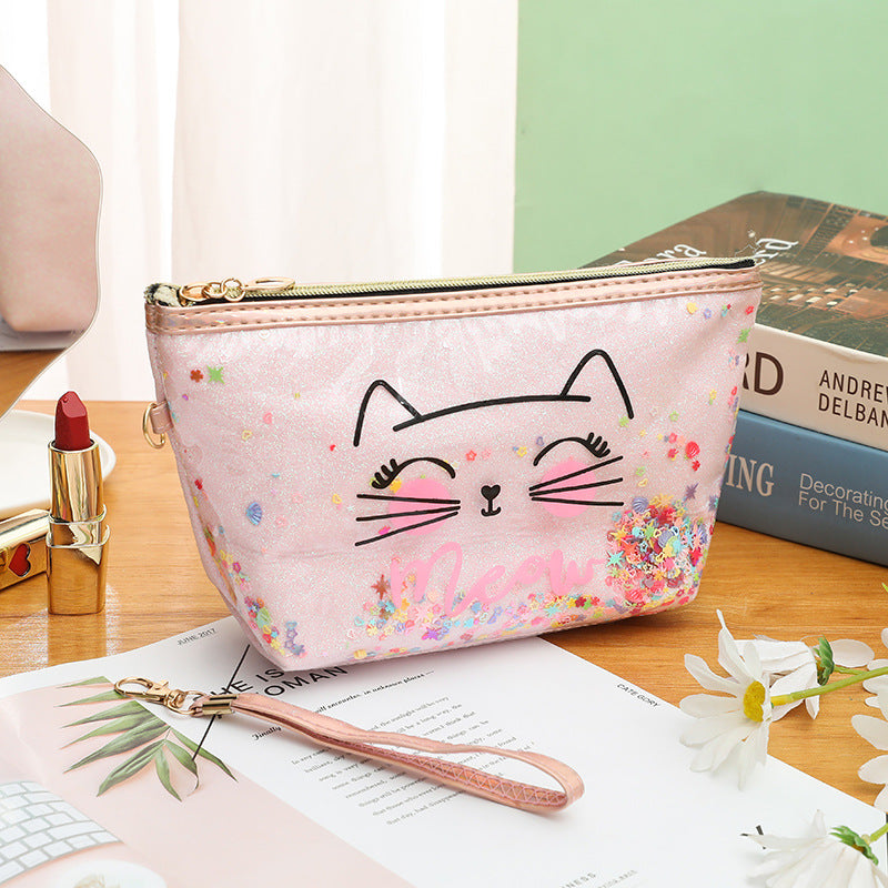 Wholesale Cat cartoon cosmetic bag quicksand pencil case cosmetic bag