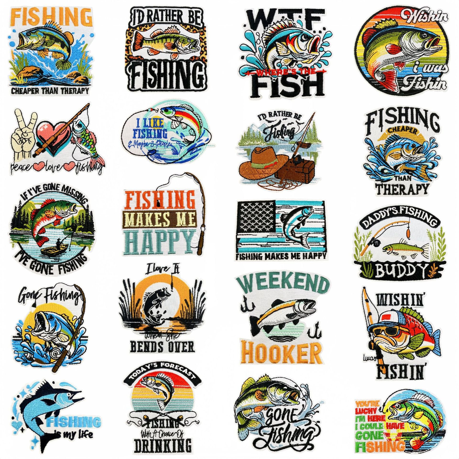 Wholesale 20 Pack Fishing Themed Embroidered Patches Cartoon Iron On Stickers For Clothing Decoration DIY Craft
