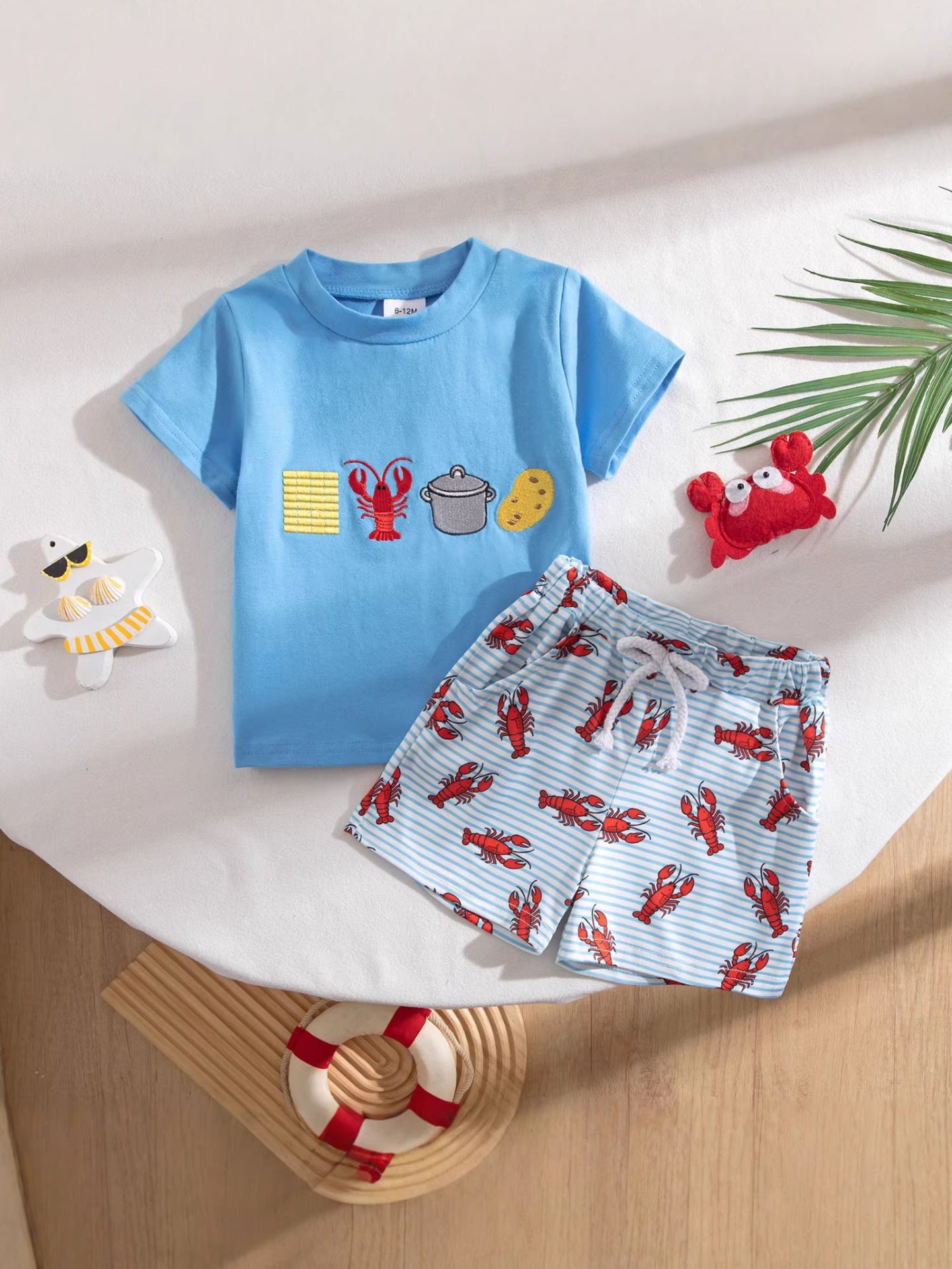 Wholesale Chic Unisex Kids Summer Two Piece Set Korean Style Short Sleeve With Lobster Embroidery Casual Outfit For Toddlers Boutique Resale