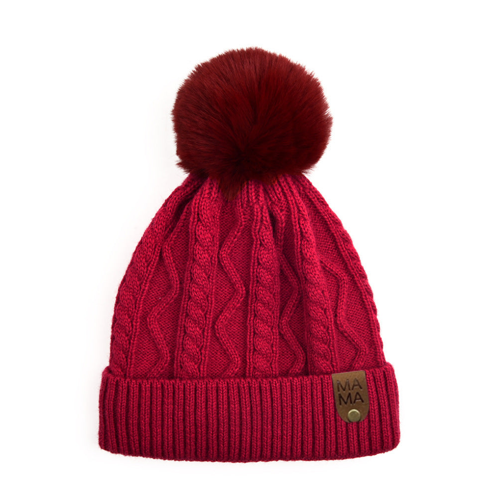 Wholesale Autumn and Winter Fleece Leather Label MINI Double Wool Ball Outdoor Warm Detachable Knitted Hat