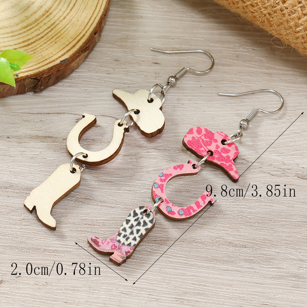 Wholesale Valentine's Day Pink Printed Denim Hats, Horseshoe High Heels, Wooden Earrings