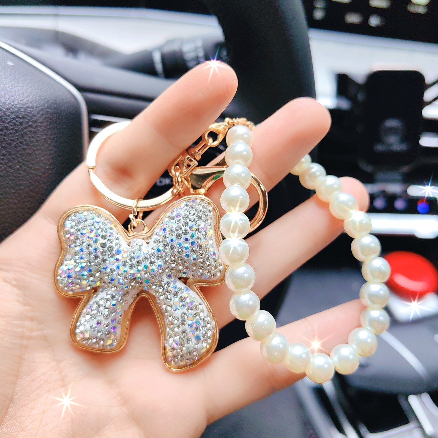 Wholesale Full Diamond Bow Car Creative Pearl Bracelet Keychains