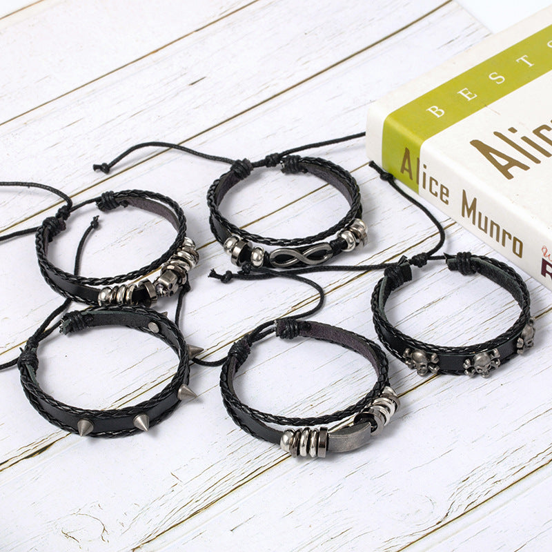 Wholesale Skull 8-shaped alloy five-piece leather bracelet