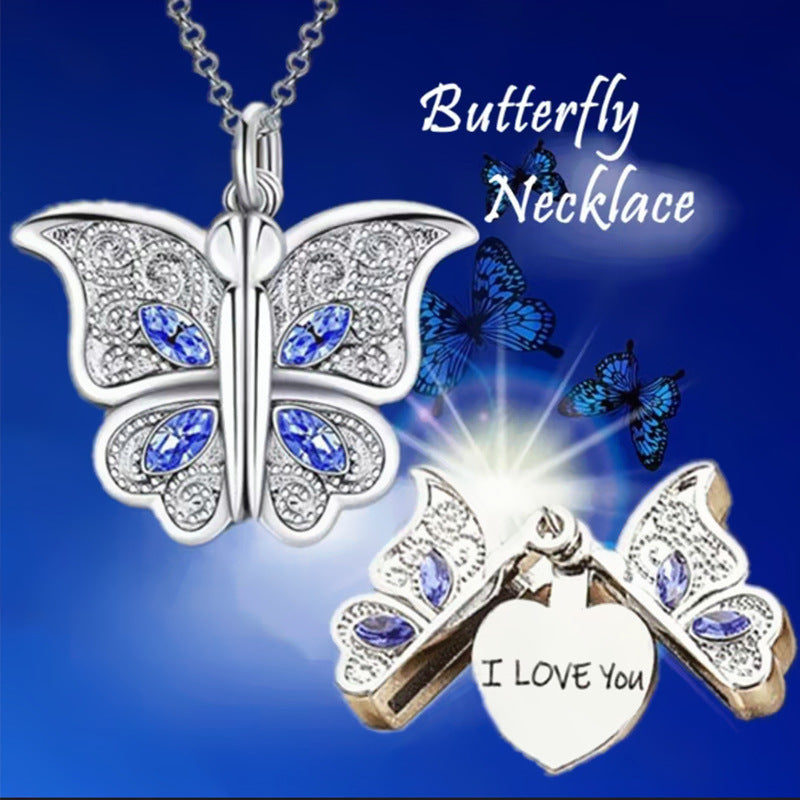 Wholesale Mother's Day ILoveYou Diamond Butterfly Openable Necklace