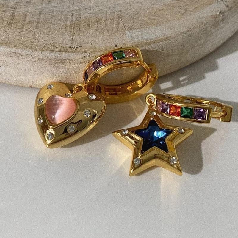 Wholesale Valentine' s Day colored stone heart-shaped asymmetric star earrings