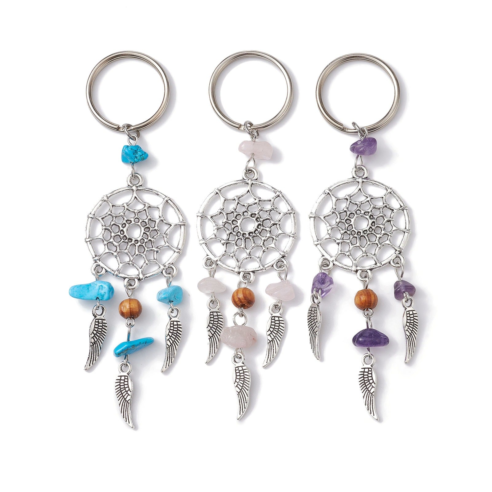 Wholesale Natural crystal stainless steel gravel dream catcher keychain ring pearl DIY tassel pendant