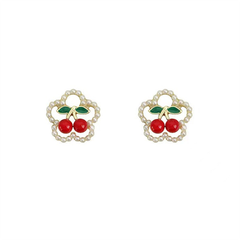 Wholesale Cute Red Cherry Pearl Flower Earrings