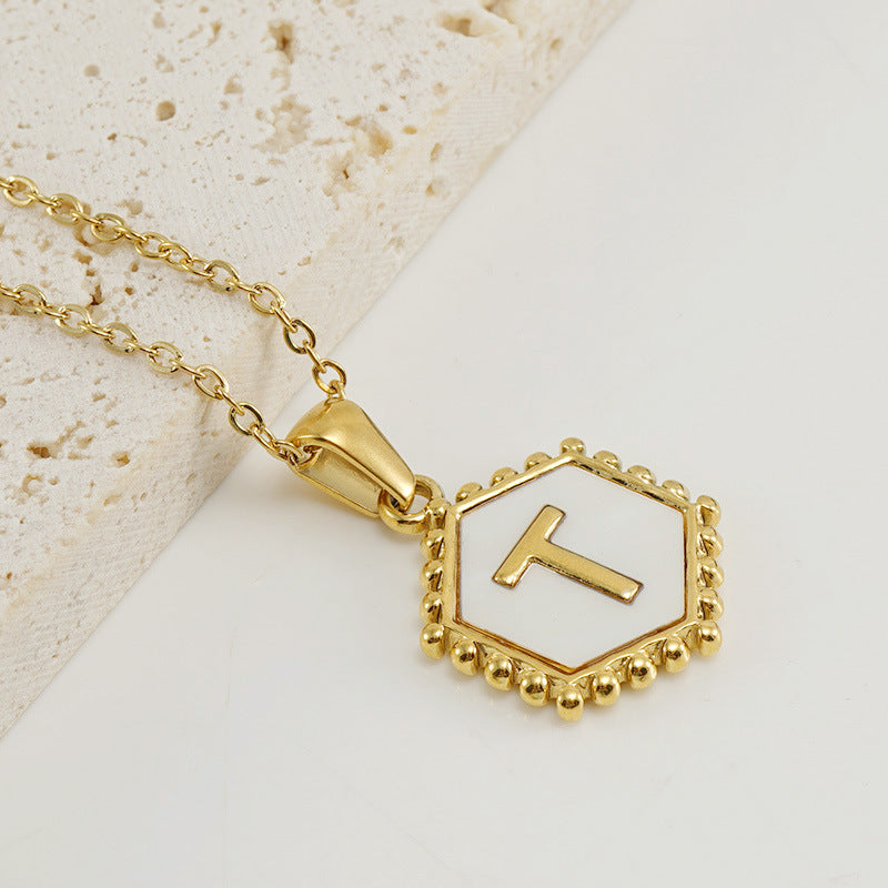 Wholesale Stainless Steel Plated Hexagonal Natural Shell Letter Pendant 18K Necklace