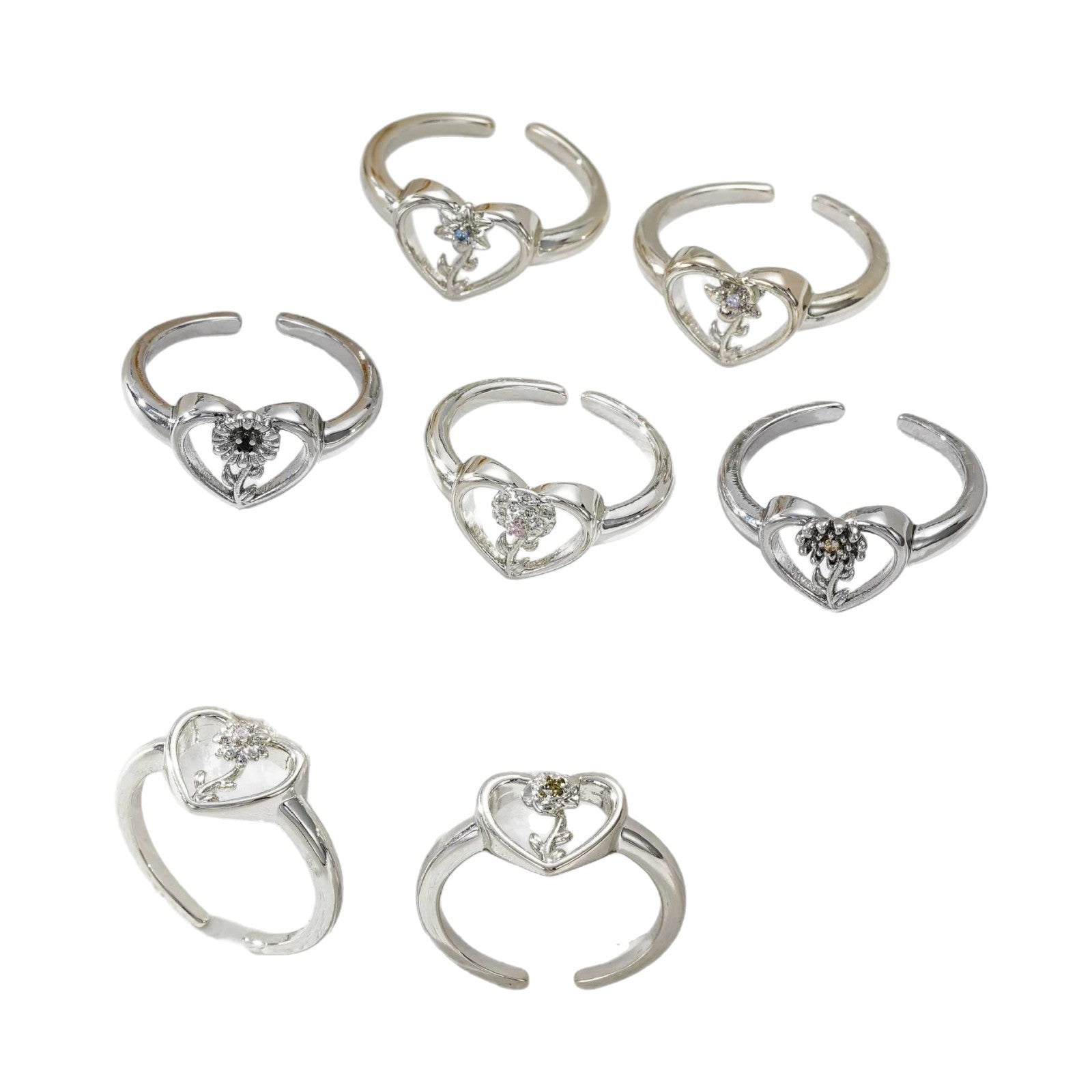 Wholesale Zircon Heart Flower Hand Jewelry Open 12-Month Flower Ring