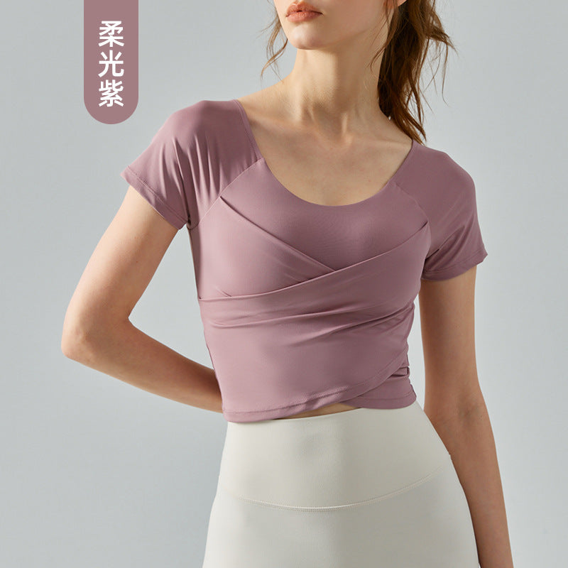 Wholesale Cross Pleated Slim Yoga with Bra Pad All-in-one Top