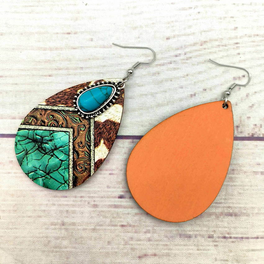 Wholesale Western Style Cow Pattern Turquoise Leather Drop Earrings