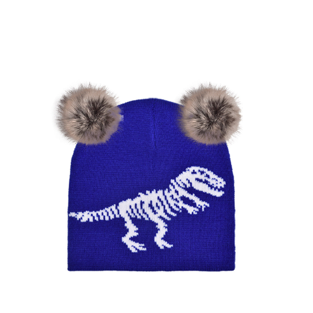 Wholesale Autumn and Winter Knitted Jacquard Dinosaur Double Hairball Beanie