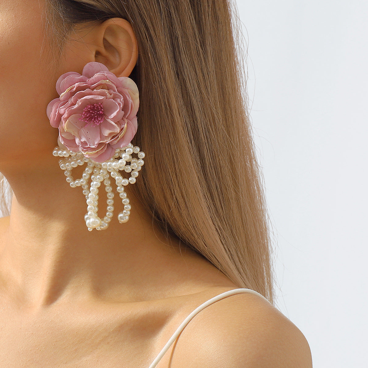 Wholesale Flower Pearl Bow Tassel Earrings