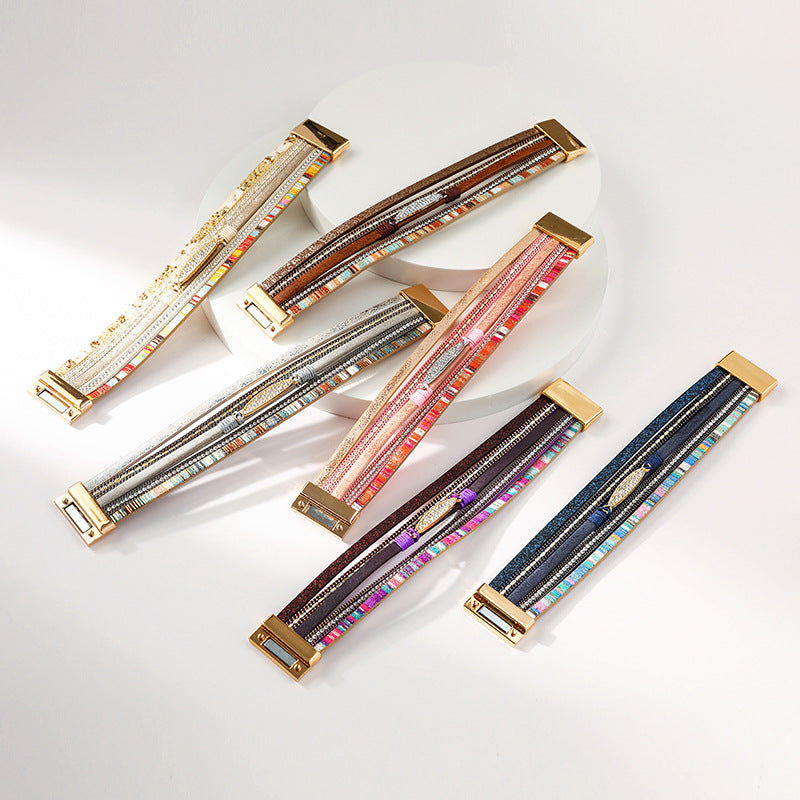 Wholesale Bohemian Ethnic Style Diamond Colored Magnetic Buckle Leather Bracelet