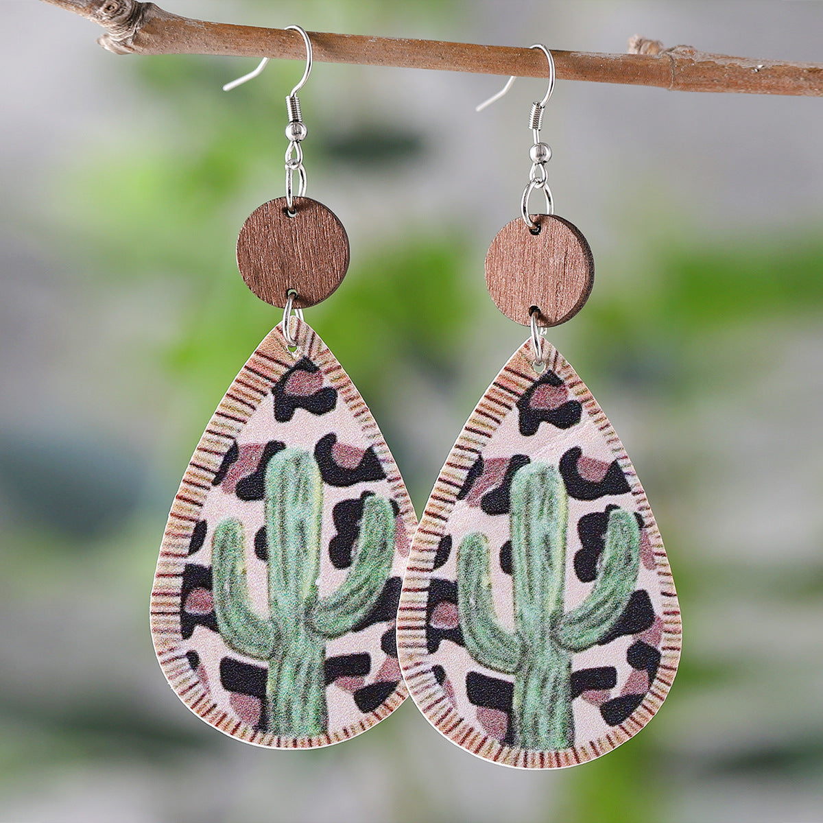 Wholesale Western ethnic style water drop wood and leather double-sided earrings