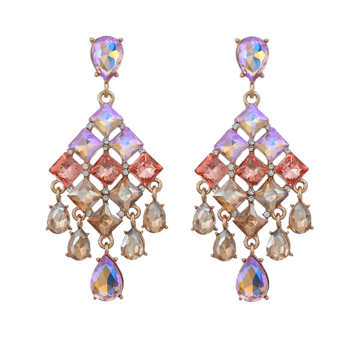 Wholesale Alloy Color Diamond Full Diamond Drop Shape Tassel Gemstone Earrings