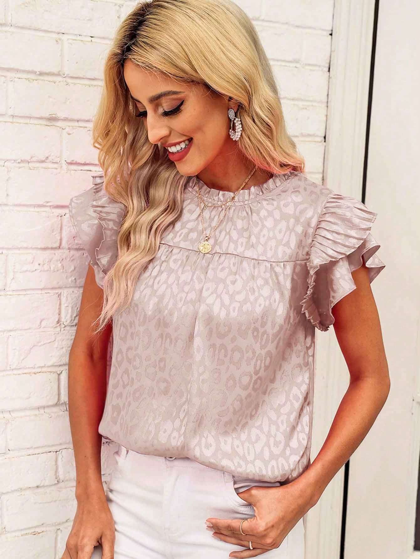 Wholesale Fashion Versatile Printed Ruffle Sleeve Wave Neck Top