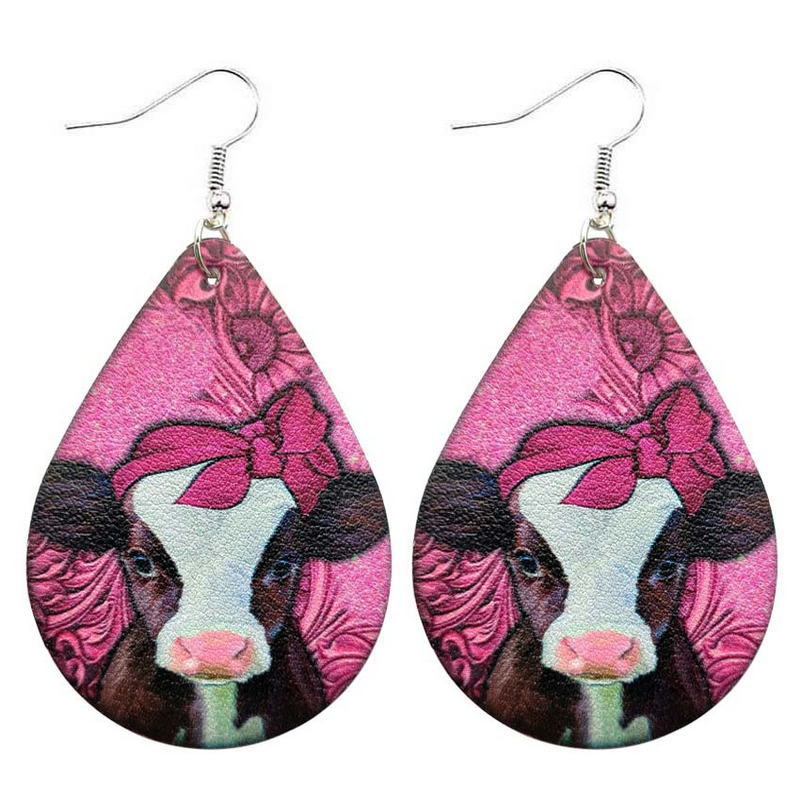 Wholesale Western Style Leopard Print Cow Head Flower Heart Valentine's Day Leather Drop Earrings