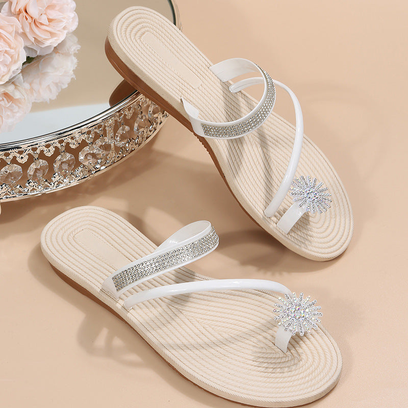 Wholesale Summer Rhinestone Toe Flat PU Slippers