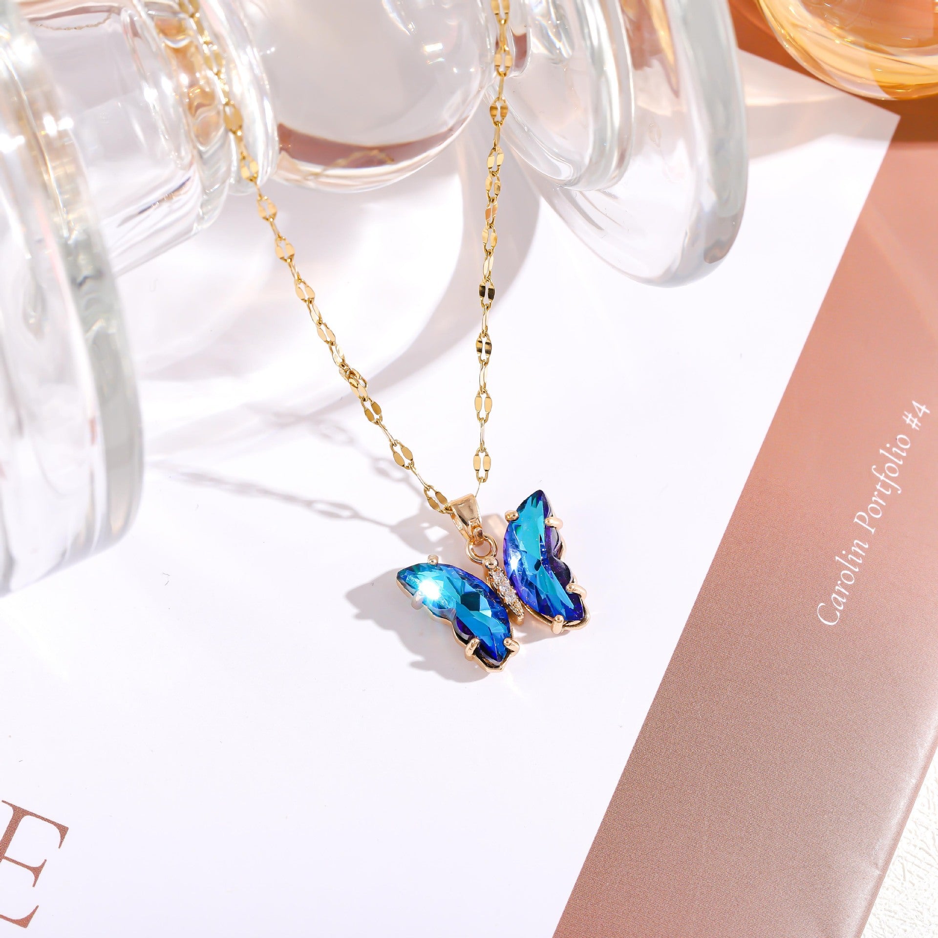 Wholesale Micropaved Zirconia Gradient Colorful Butterfly Necklace