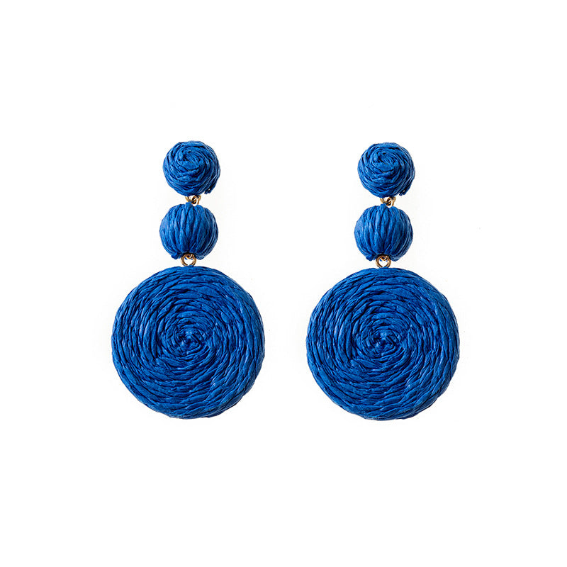 Wholesale Klein Blue Gourd Braided Raffia Hoop Earrings