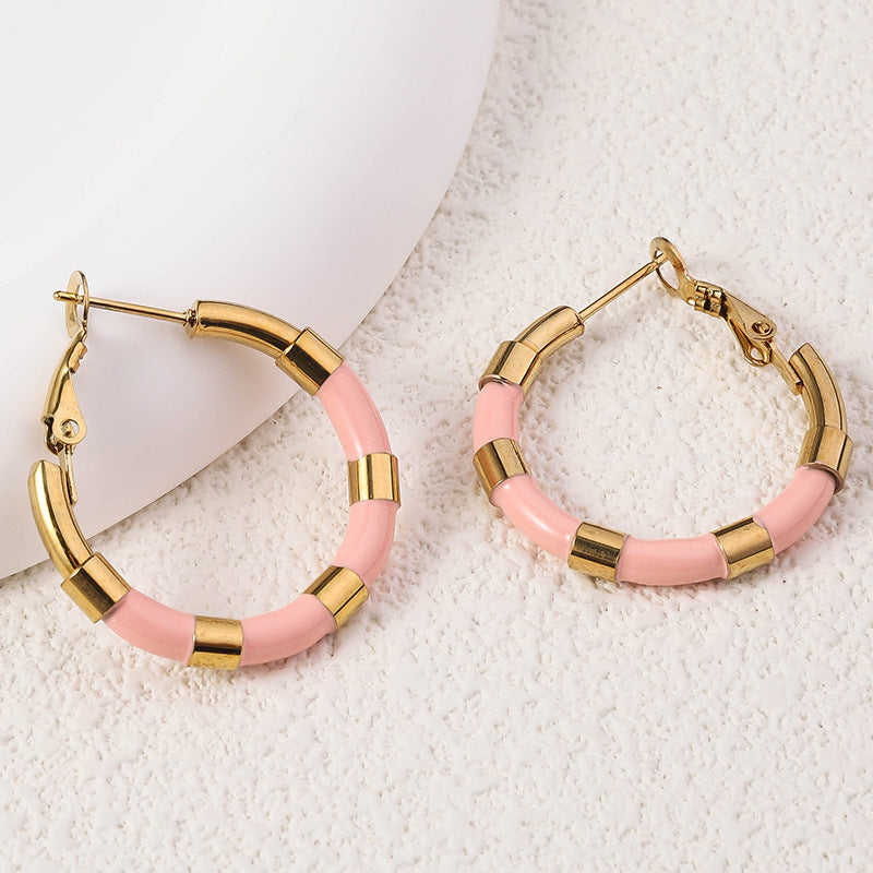 Wholesale Enamel Large Earrings Fashion Bamboo Stainless Steel Drip Oil Geometric Round 18K Real Gold Earrings
