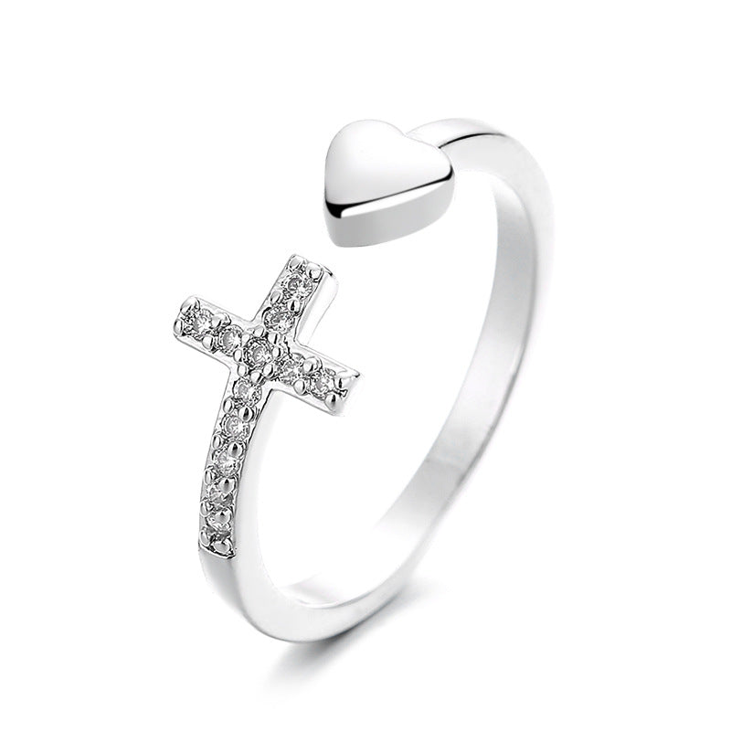 Wholesale Diamond Inlaid Cross Heart Opening Copper Ring
