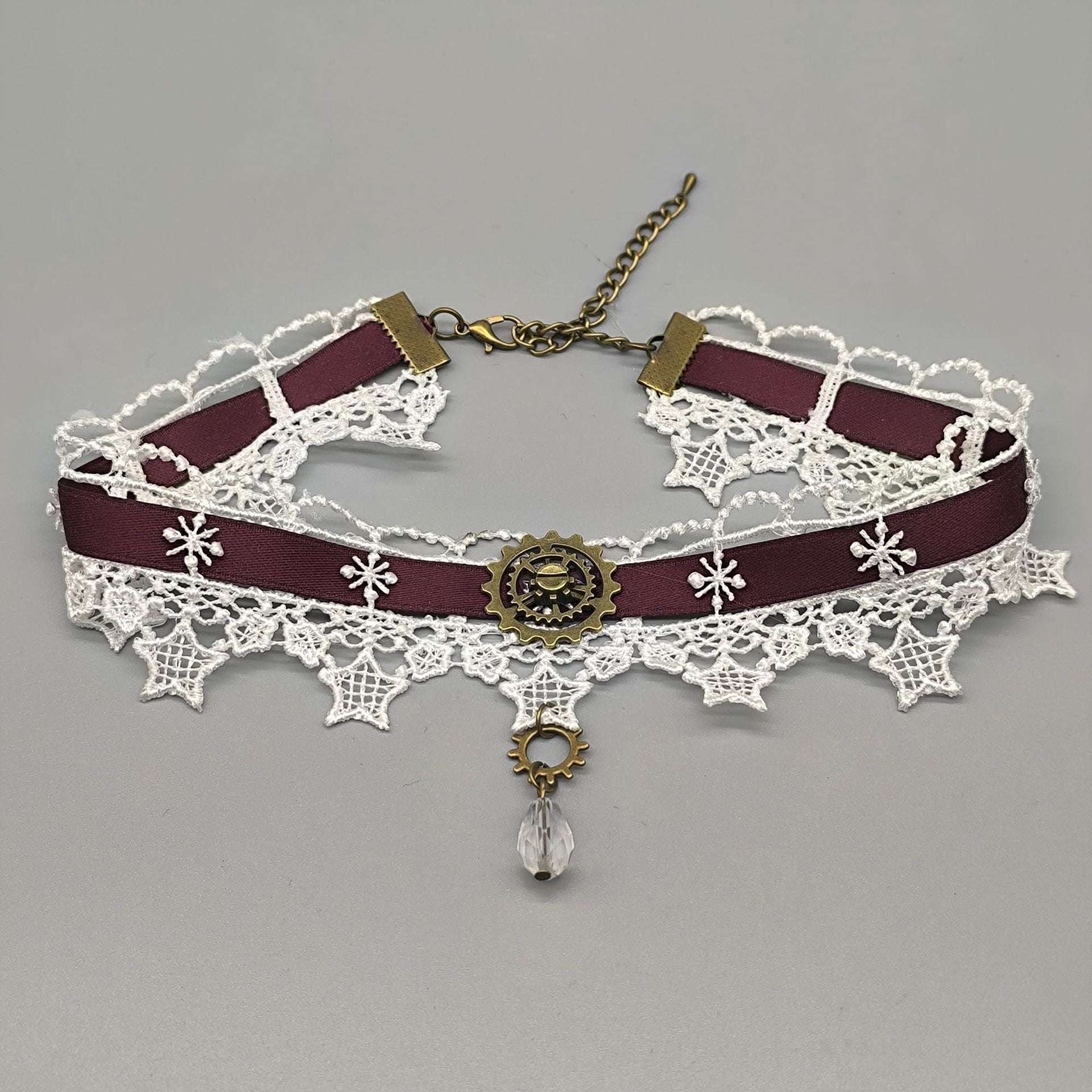 Wholesale Lace punk star dark red ribbon black and white lace necklace