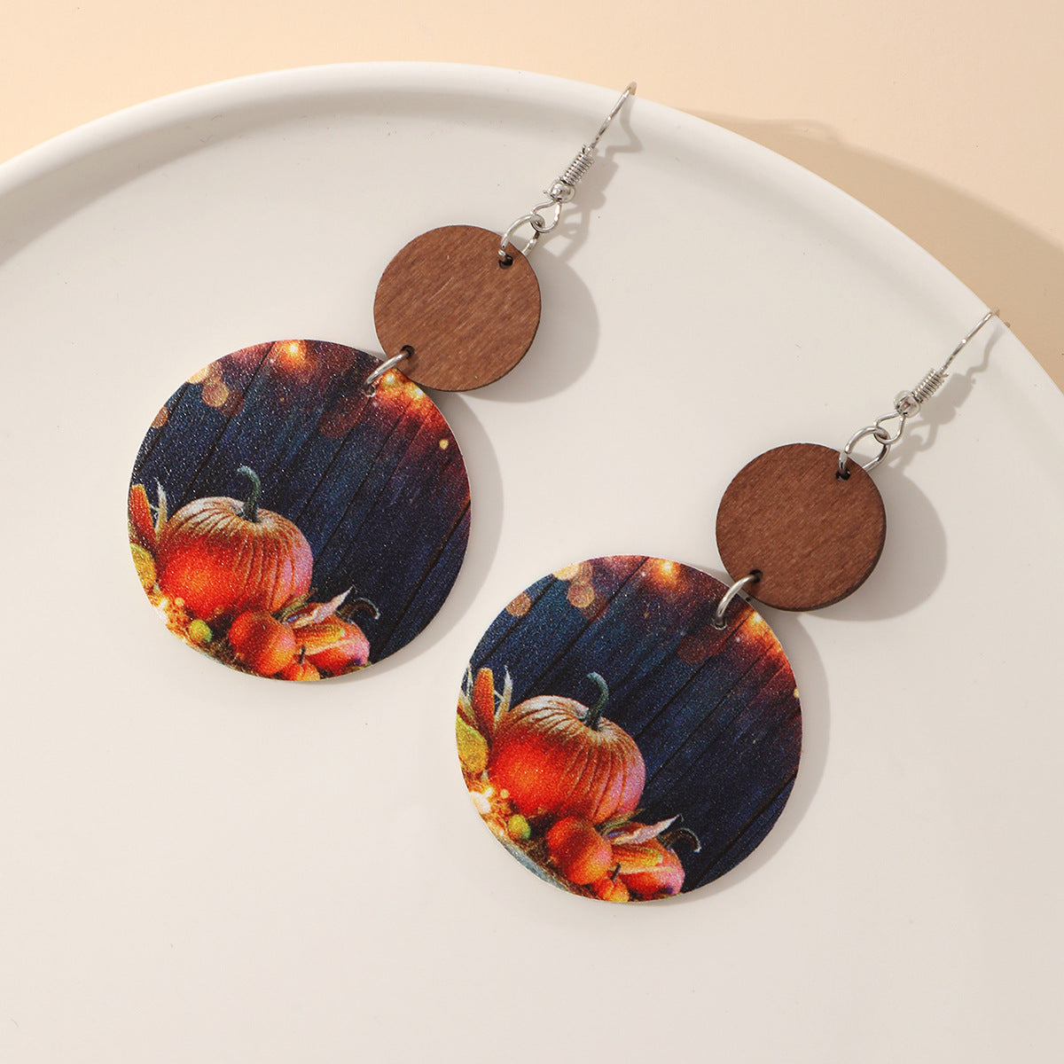 Wholesale Thanksgiving Pumpkin Western Leopard Print Sunflower Eyes Round Leather Wood Block Earrings