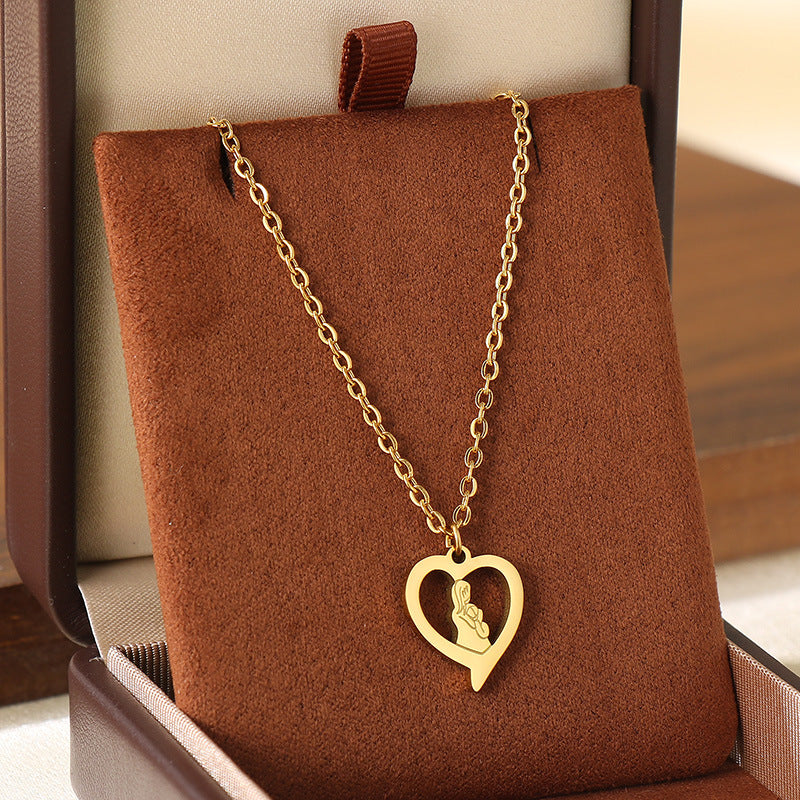 Wholesale Mother' s Day Diamond studded Hollow Moon Love Stainless Steel Necklace
