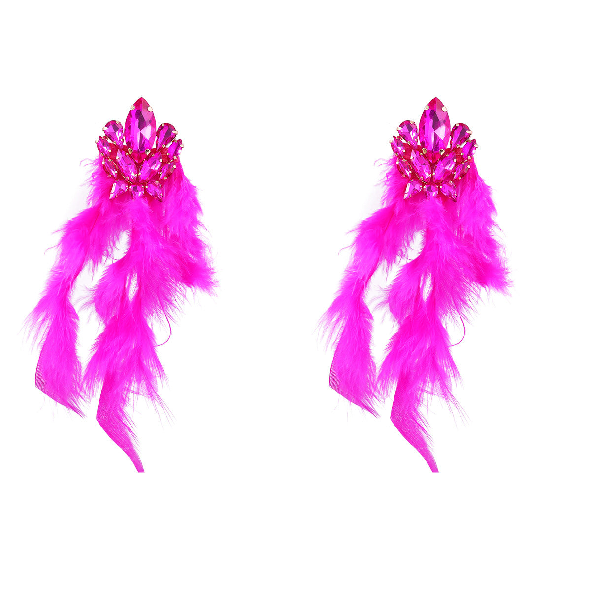 Wholesale Diamond studded floral long feather fringe earrings