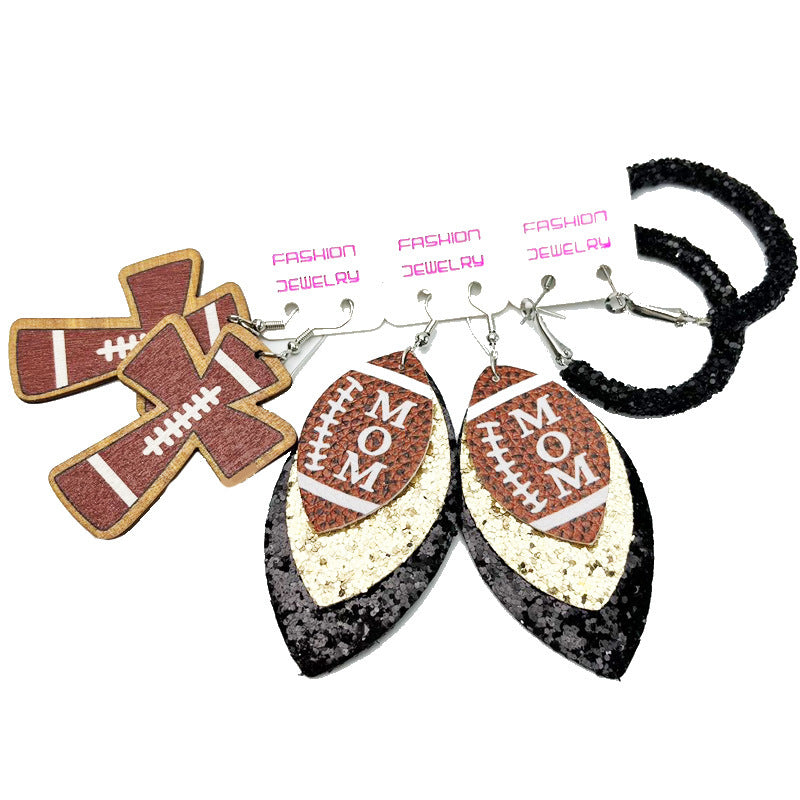 Wholesale 2 Sets Sports Rugby Field Cheer Football Cross Glitter Leather Earrings