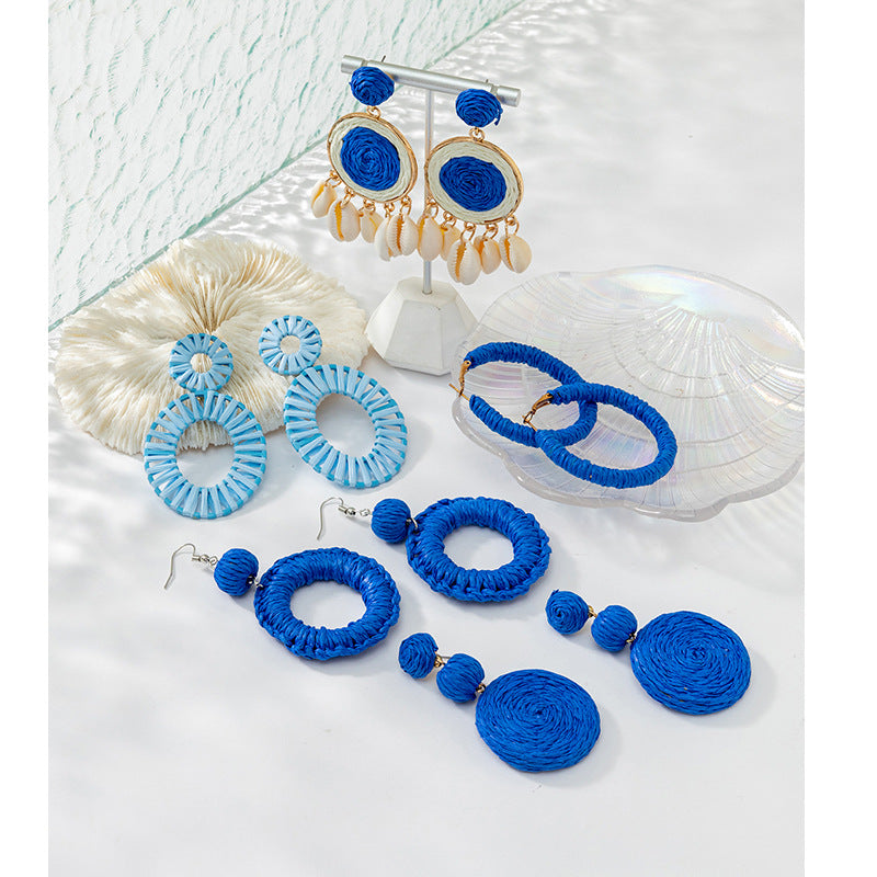 Wholesale Klein Blue Braided Raffia Earrings