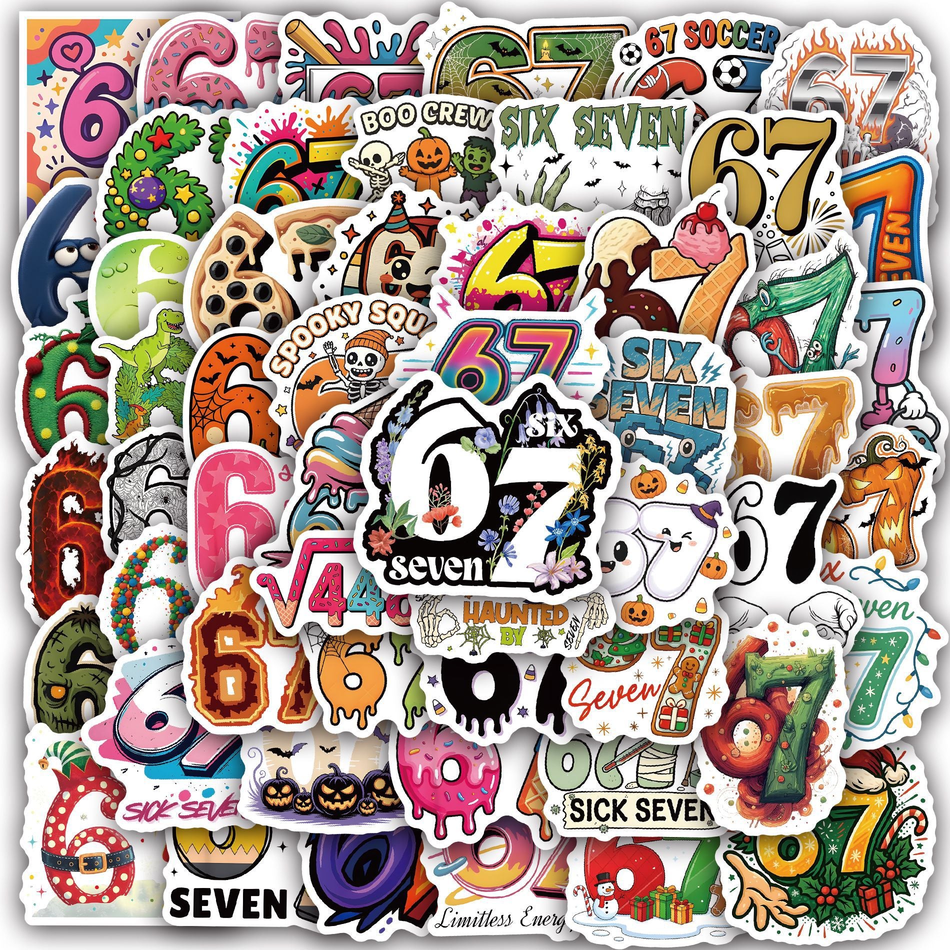 Wholesale 60pcs Colorful neon numbers 67 Waterproof Vinyl Stickers