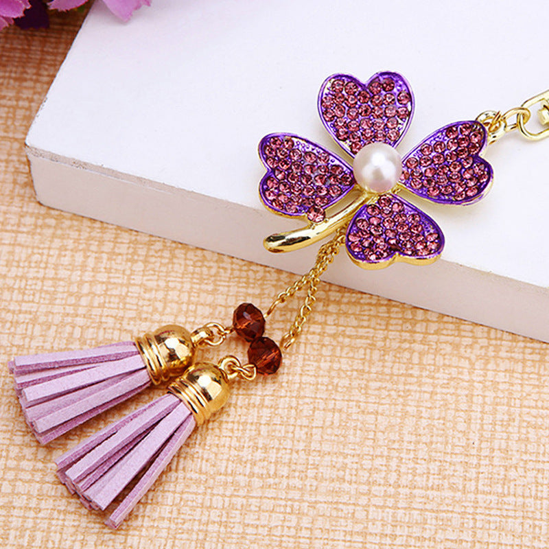 Wholesale Pink Four Leaf Clover Love Lock Keychain Rhinestone Inlaid Metal Car Key Ring Fashion Accessory Gift