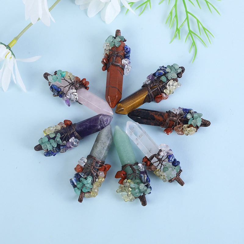 Wholesale Crystal Raw Stone Hexagonal Column Wrapped Copper Wire Tree of Life Colorful Gravel Pendant Necklaces