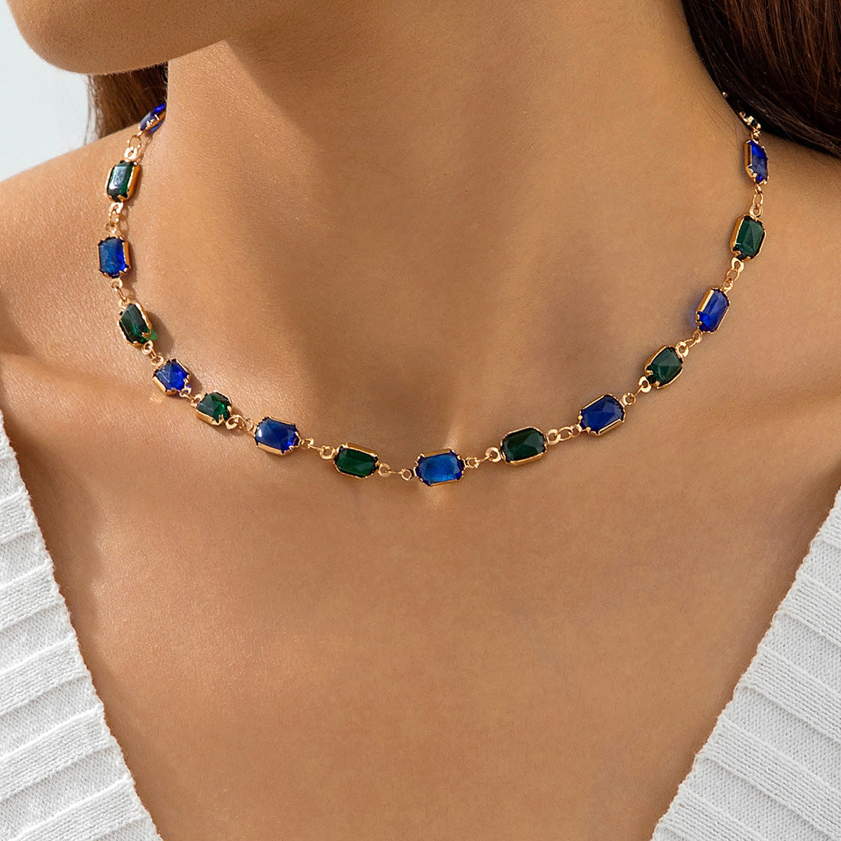 Wholesale Colorful crystal metal clavicle necklace with Y-shaped chain layering