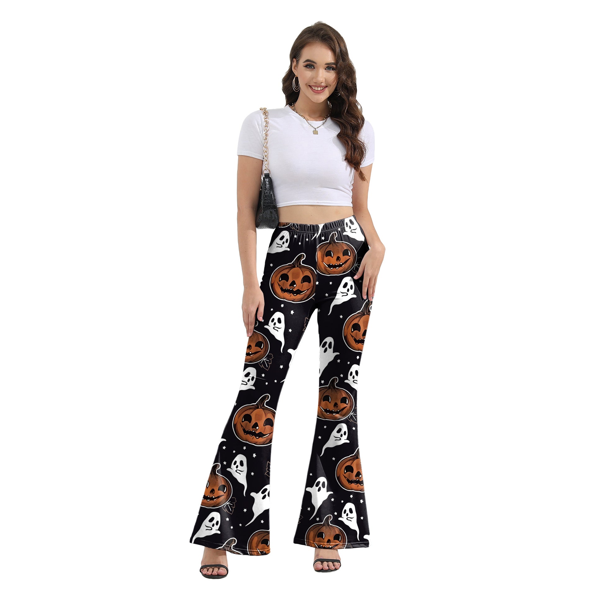 Wholesale Halloween Pumpkin Bat Digital Printing Fashion Flared Pants