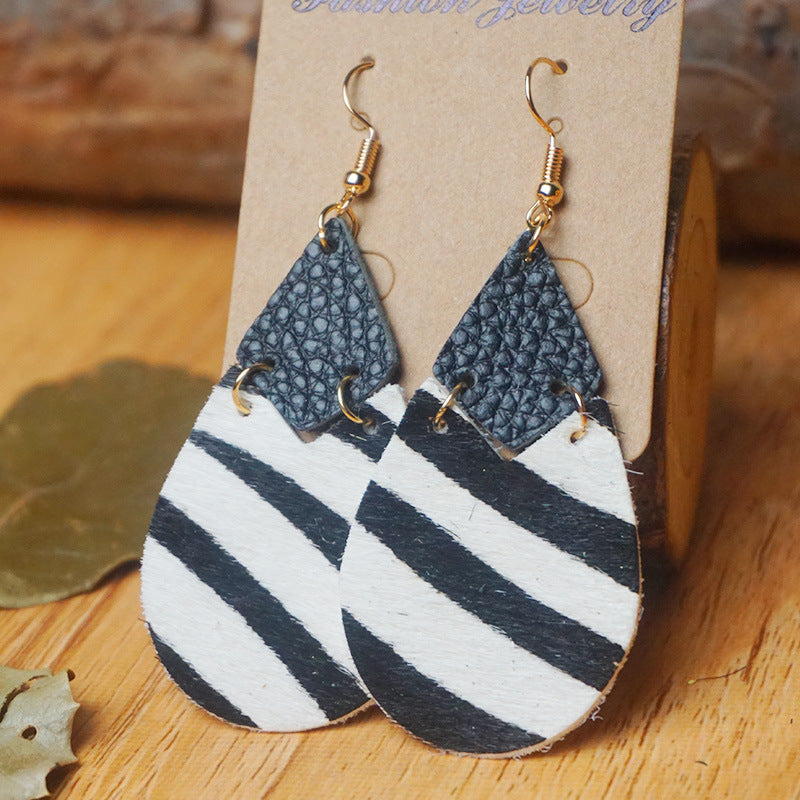 Wholesale 2pcs Cow Grain Leather Top Layer Cowhide Round Water Droplet Cow Head Retro Horsehair Quality Texture Fashionable Earrings