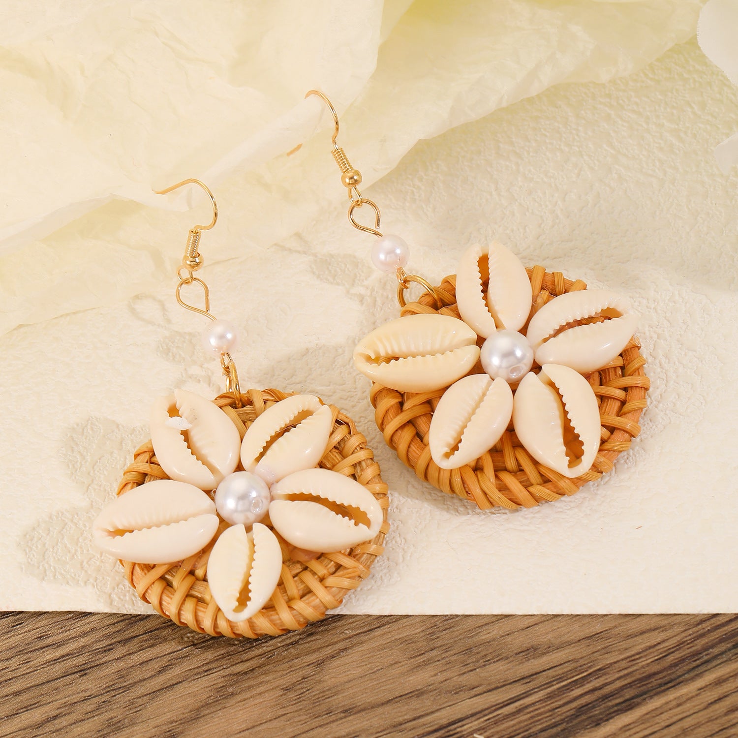 Wholesale Trendy Summer Vacation Hand Knit Raffia Flower Earrings For Women Golden Yellow Fashion Accessory Resale Gift