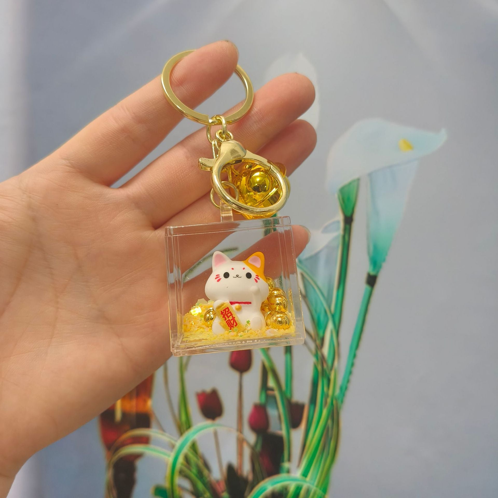 Wholesale Acrylic Golden Flowing Sand Lucky Cat Creative Keychain