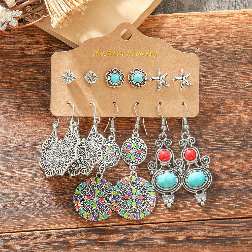 Wholesale Trendy Bohemian Retro Earring Set Silver Tone Turquoise Zinc Alloy With Ethnic Bird Motif Fashion Accessory For Gift And Resale
