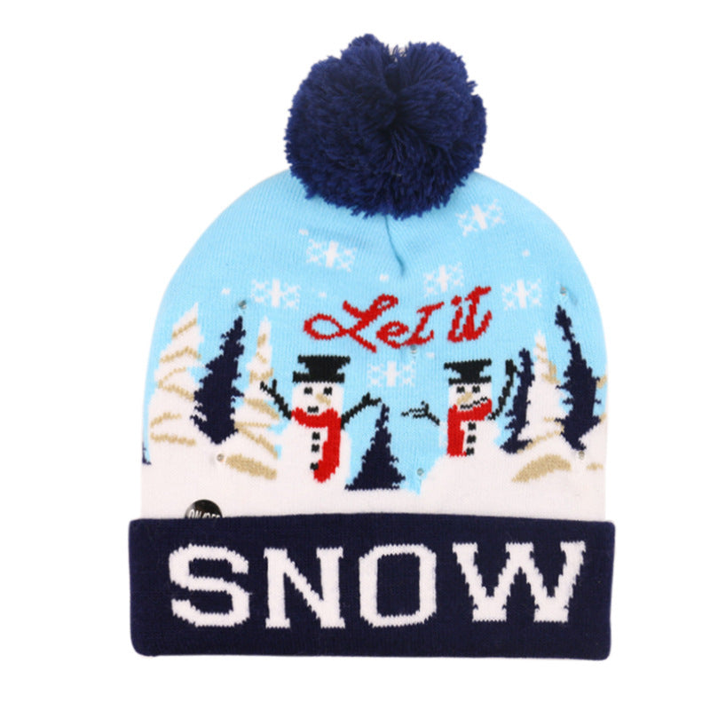 Wholesale Christmas Snowman Elk Christmas Tree Hair Ball Knitted Hat LED Colorful Dazzling Light Woolen Hat