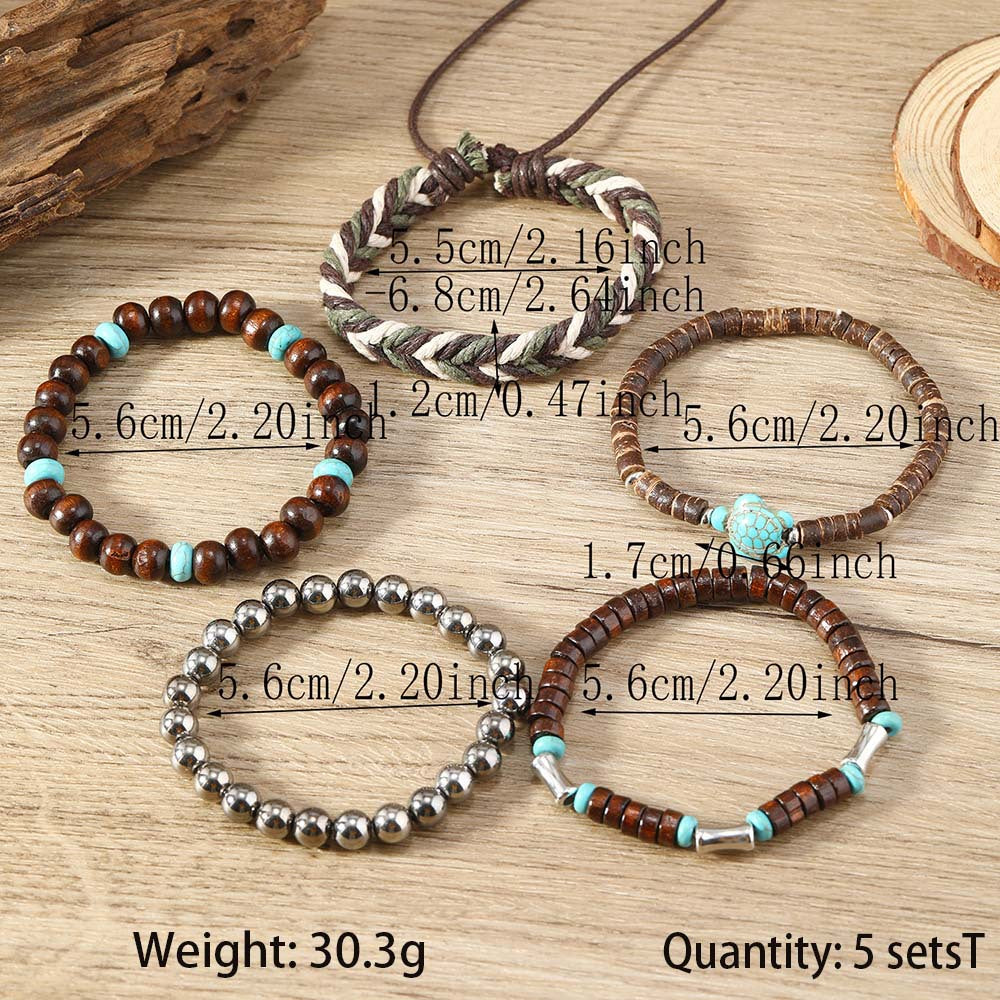Wholesale Turquoise Turtle Retro Wooden Beads Wax Rope 5-Piece Braided Bracelet Set