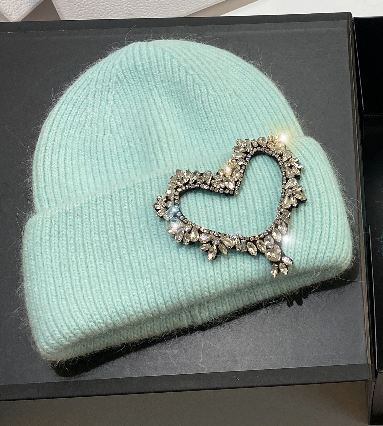 Wholesale Heavy Industry Hand Sewn Rhinestone Heart Rabbit Fur Earmuffs Knitted Hat