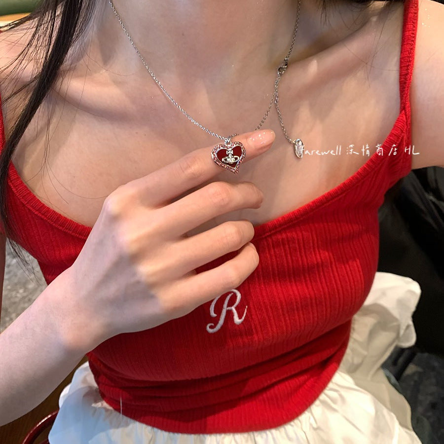 Wholesale Red pink heart-shaped Saturn necklace with built-in design