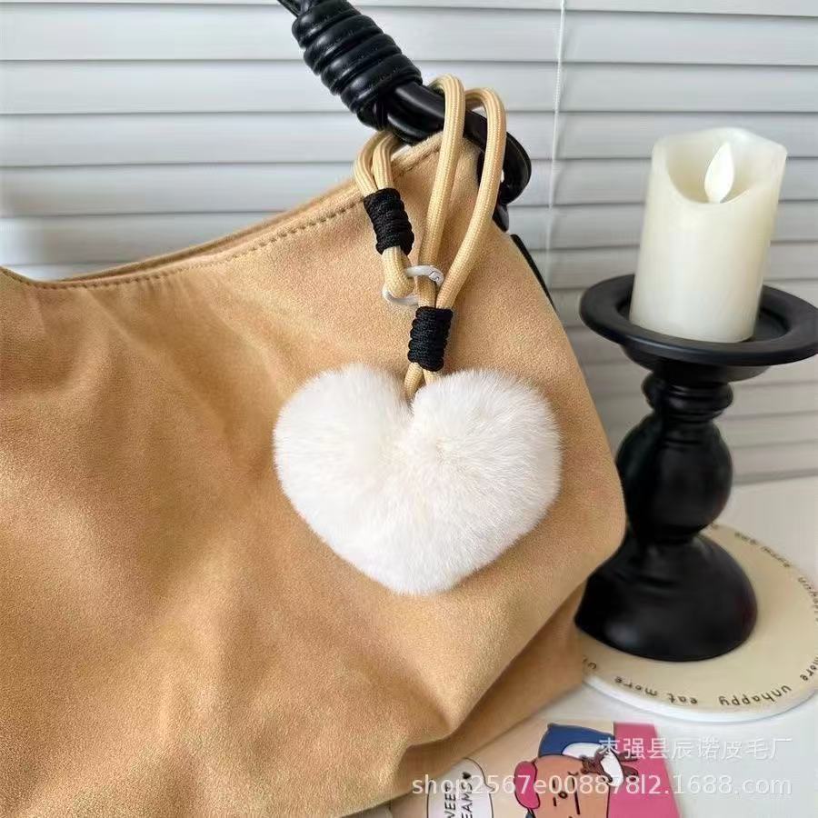 Wholesale Cute Rex Rabbit Fur Pom-Pom Heart-Shaped Car Keychain