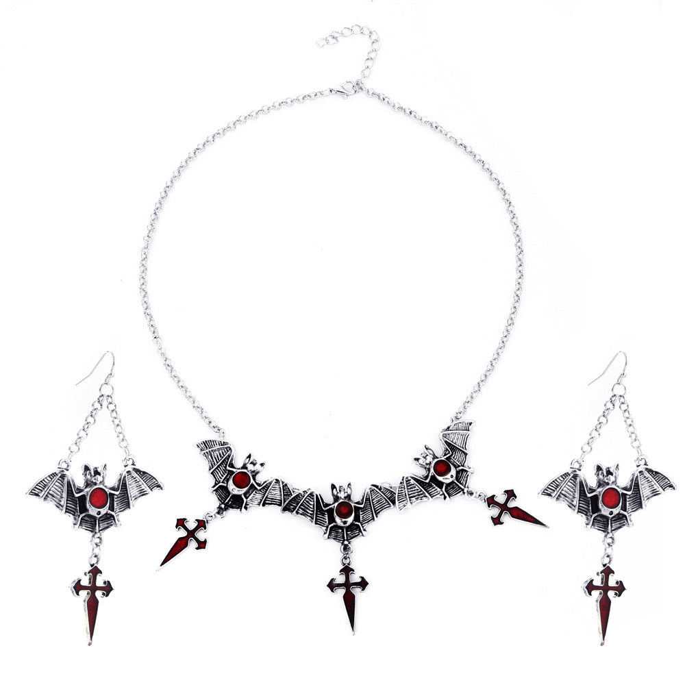 Wholesale Halloween bat jewelry suit Gothic retro exaggerated black bat necklace earrings suit holiday gift